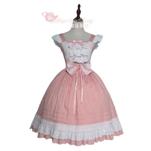 Orange pink sweet Lolita jumper dress JSK with ruffled cap sleeves lace-trimmed bodice chest and skirt hem bowknot neckline decorative bows waist full A-line skirt multicolor color option