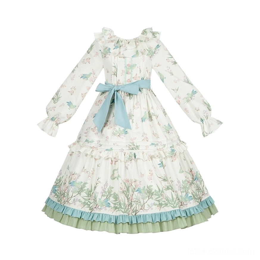 Oriole Time Country Lolita color palette showcase displaying cream base fabric, blue accent trims, and botanical floral bird print color coordination throughout collection