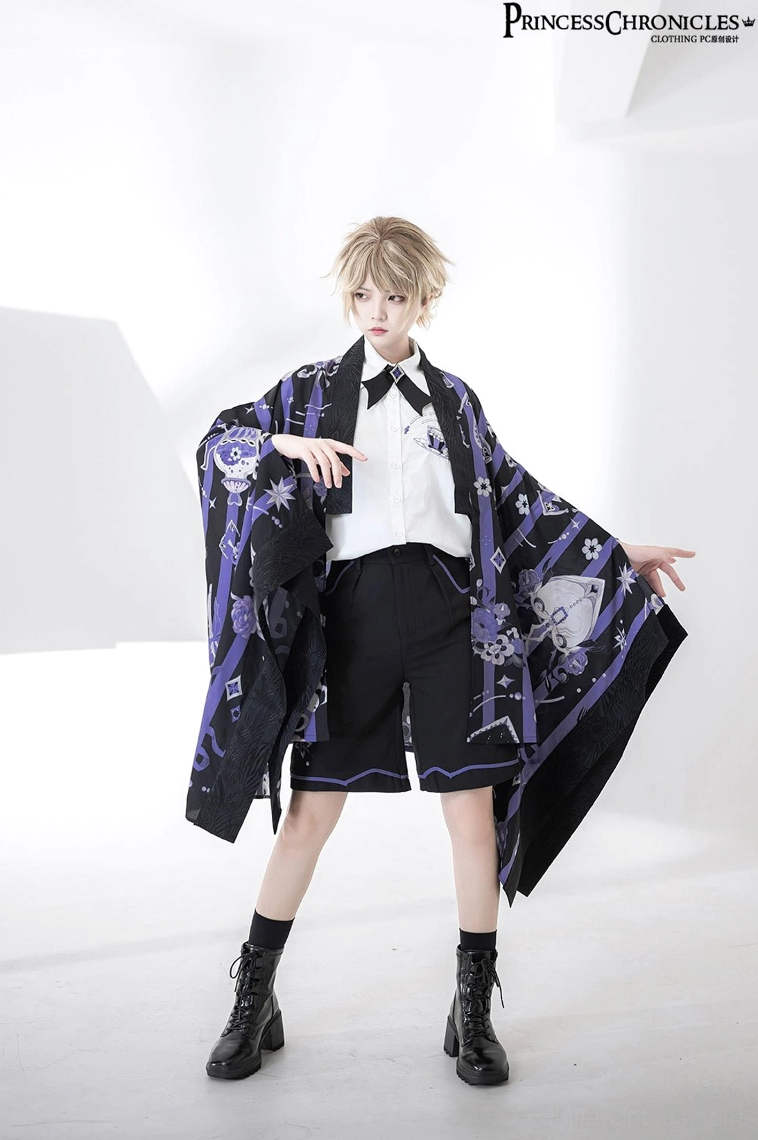 Size comparison ouji embroidered short-sleeve shirt all sizes S M L XL laid flat showing loose fit proportions aristocratic dandy
