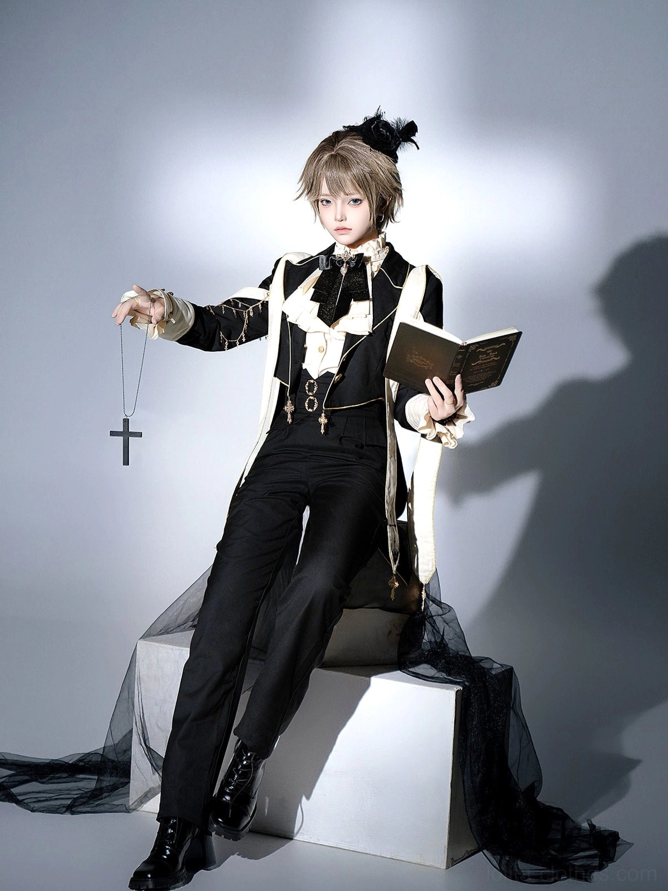 Gothic ouji lolita formal suit set three-quarter sitting angle holding cross pendant vintage book coordinated black cream