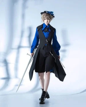 Ouji gothic lolita long vest back view asymmetrical hem exposed back design metal buckles waist lace-up slim fit shorts alternative menswear
