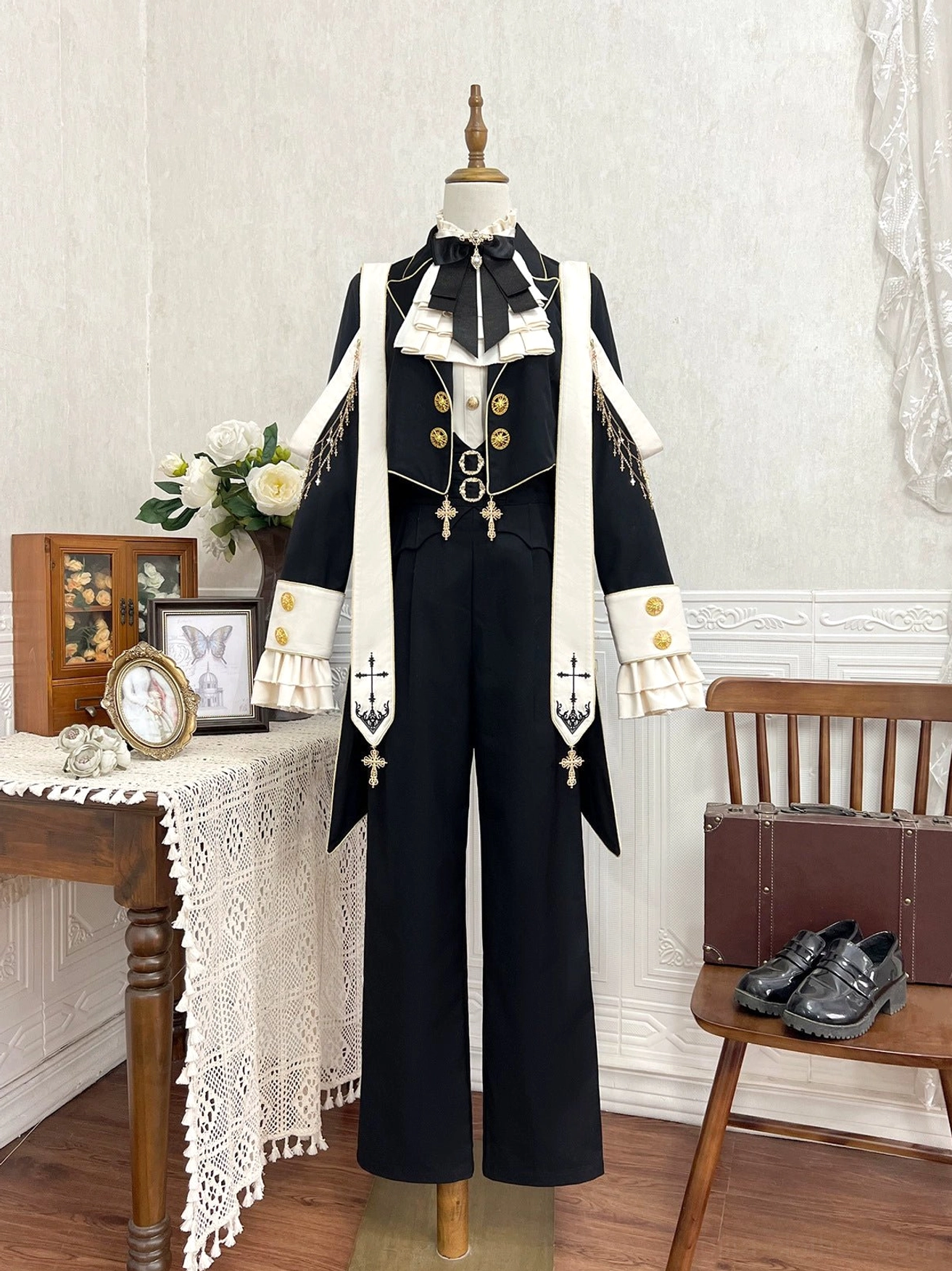 Prince ouji gothic lolita three-piece suit collection flat lay display tailcoat shirt pants serge fabric components