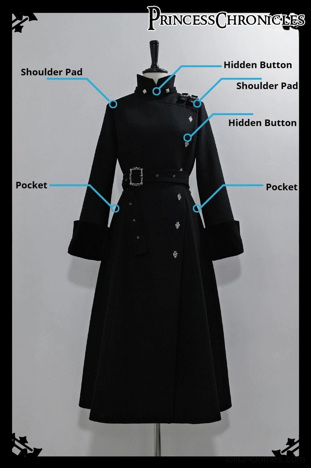 Black Ouji Lolita wool overcoat on dress mannequin with structural detail callouts highlighting shoulder pads hidden buttons side pockets stand collar velvet cuffs and metal decorative studs