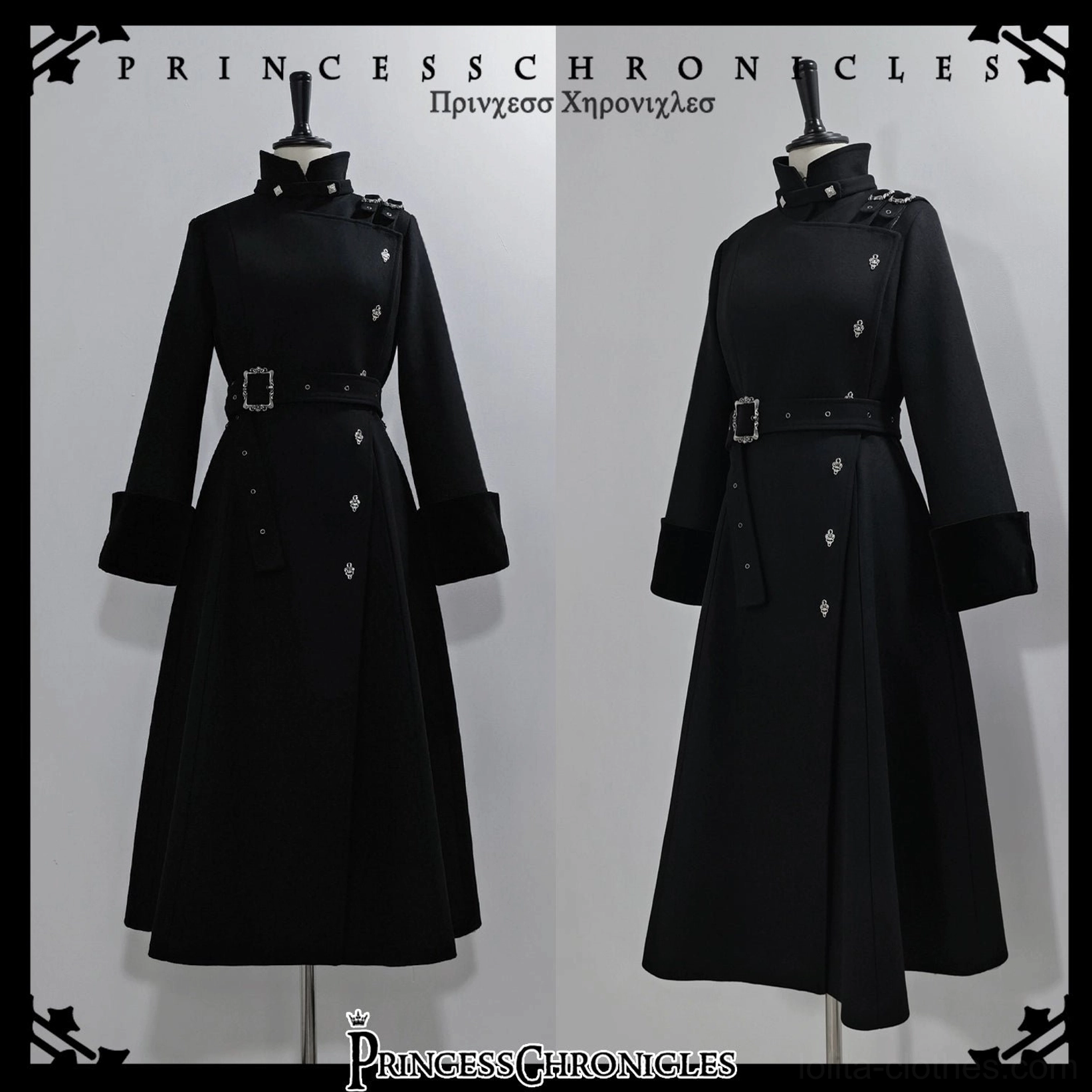 Dual front and side angle views of black Ouji Lolita overcoat on two dress mannequins displaying consistent stand collar velvet cuffs waist belt metal ornament studs design details