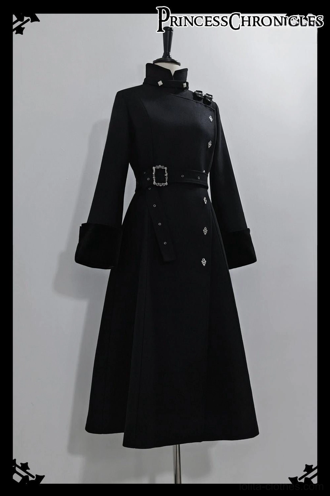 Right side profile view of black Ouji Lolita overcoat on dress mannequin showing adjustable shoulder strap decorations stand collar velvet-trimmed cuffs matching waist belt flared long hem