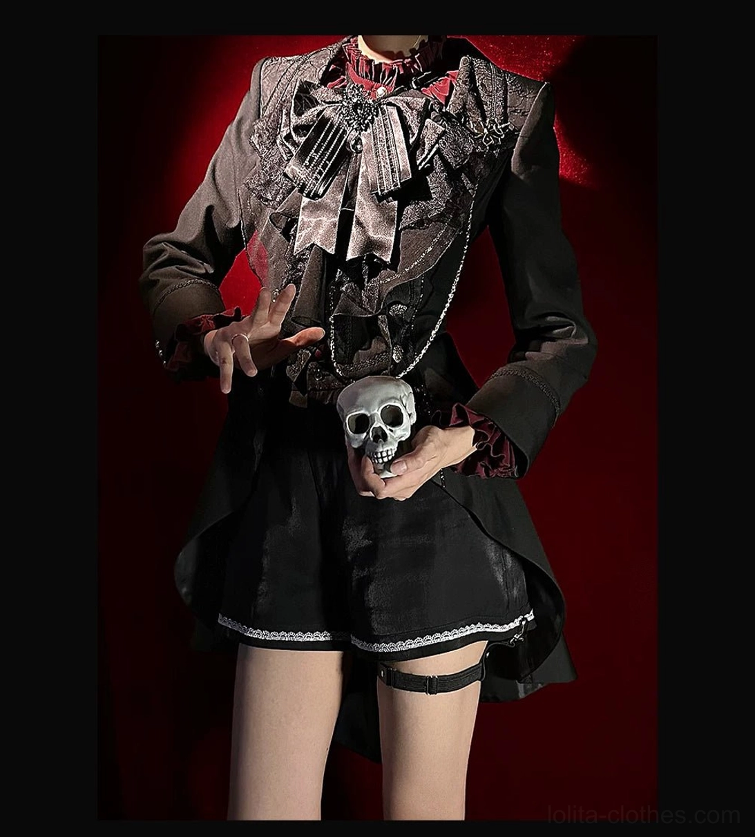 Ouji Lolita black ruffled collar jabot dress shirt front button closure gathered cuff ruffles formal style detail