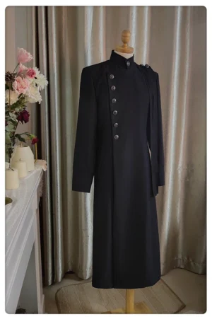 Customizable Ouji Lolita black slim long coat full front view on mannequin, stand-up collar and silver buttons detail, aristocratic tailored silhouette