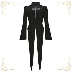 Back view of gothic Ouji Lolita tailcoat featuring embroidered cross applique detail and double pointed swallowtail hem design