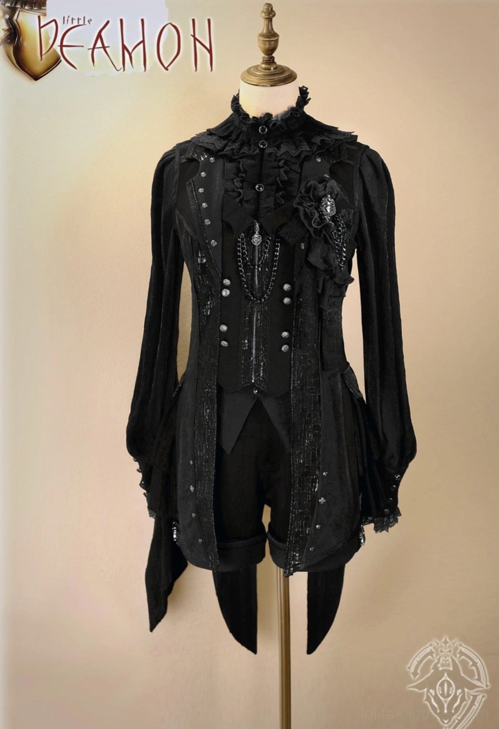 All-black Ouji lolita tailcoat shirt with ruffled high collar, front corset lacing, metal studs, decorative brooch and asymmetrical tail hem