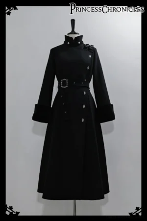 Black Ouji Lolita wool overcoat front full view on dress mannequin with stand collar velvet cuffed sleeves metal studs waist belt and A-line hem Victorian prince style single-breasted coat