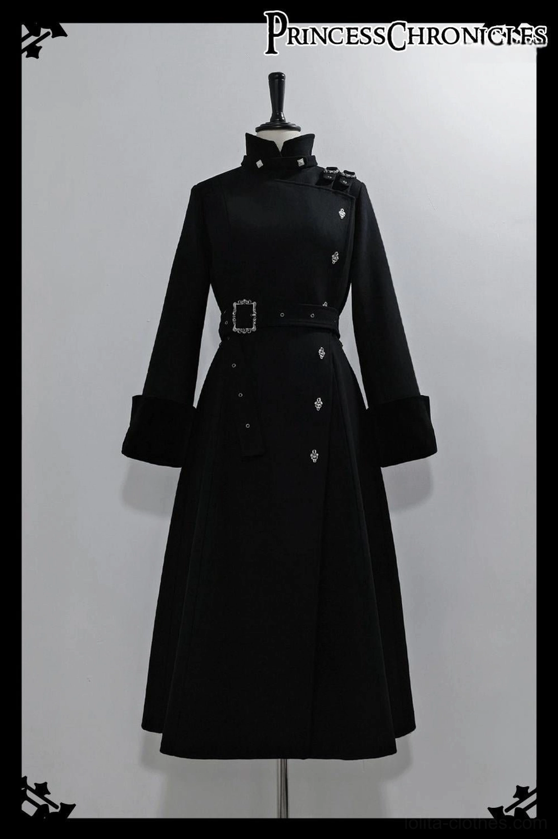 Black Ouji Lolita wool overcoat front full view on dress mannequin with stand collar velvet cuffed sleeves metal studs waist belt and A-line hem Victorian prince style single-breasted coat