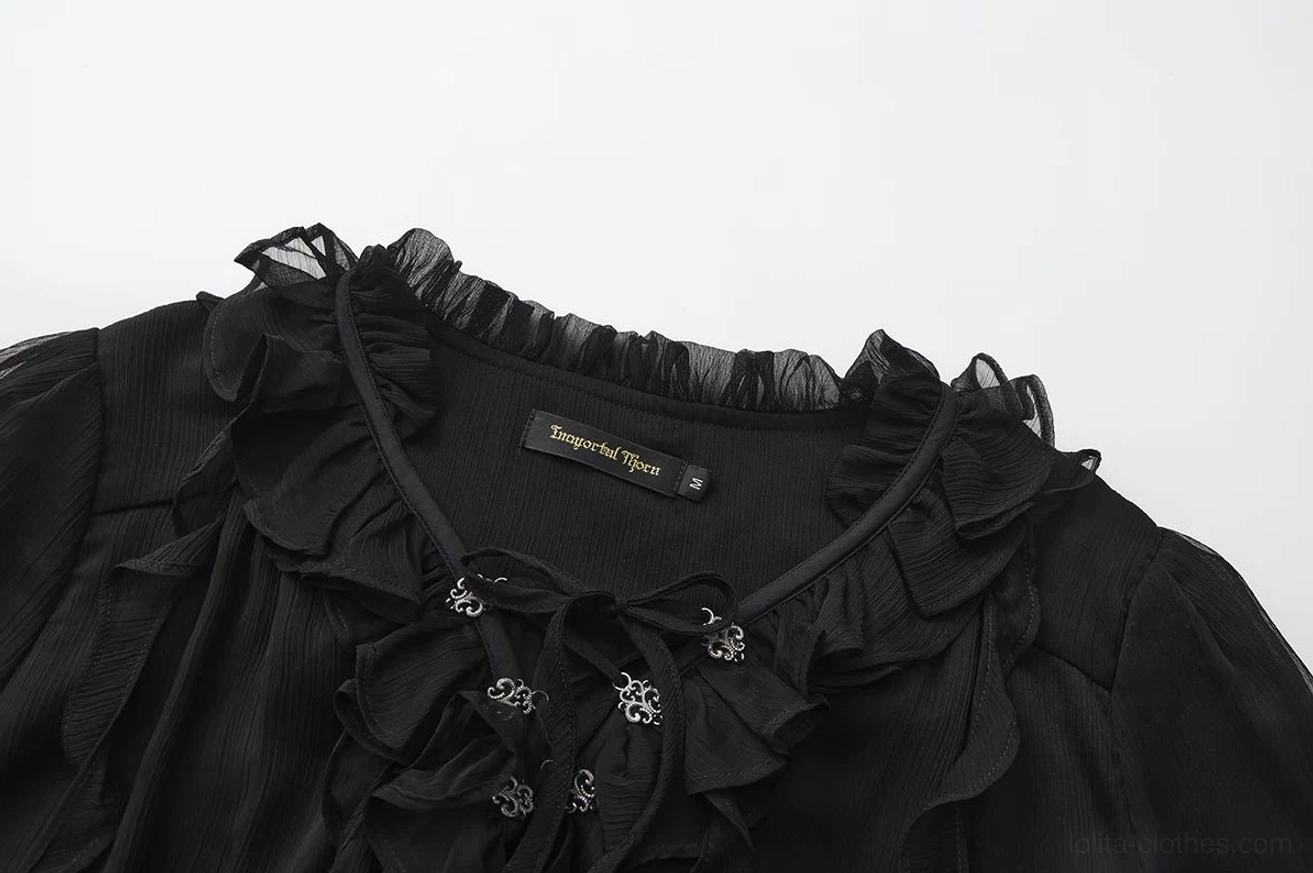 Black ouji lolita chiffon blouse sleeve detail with sheer lantern construction and ruffled decorative cuff edge, showing elegant sleeve silhouette and chiffon drape