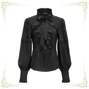 Classic black Ouji Lolita blouse front view displaying elaborate ruffled jabot neck design structured puff sleeves and sleek formal silhouette