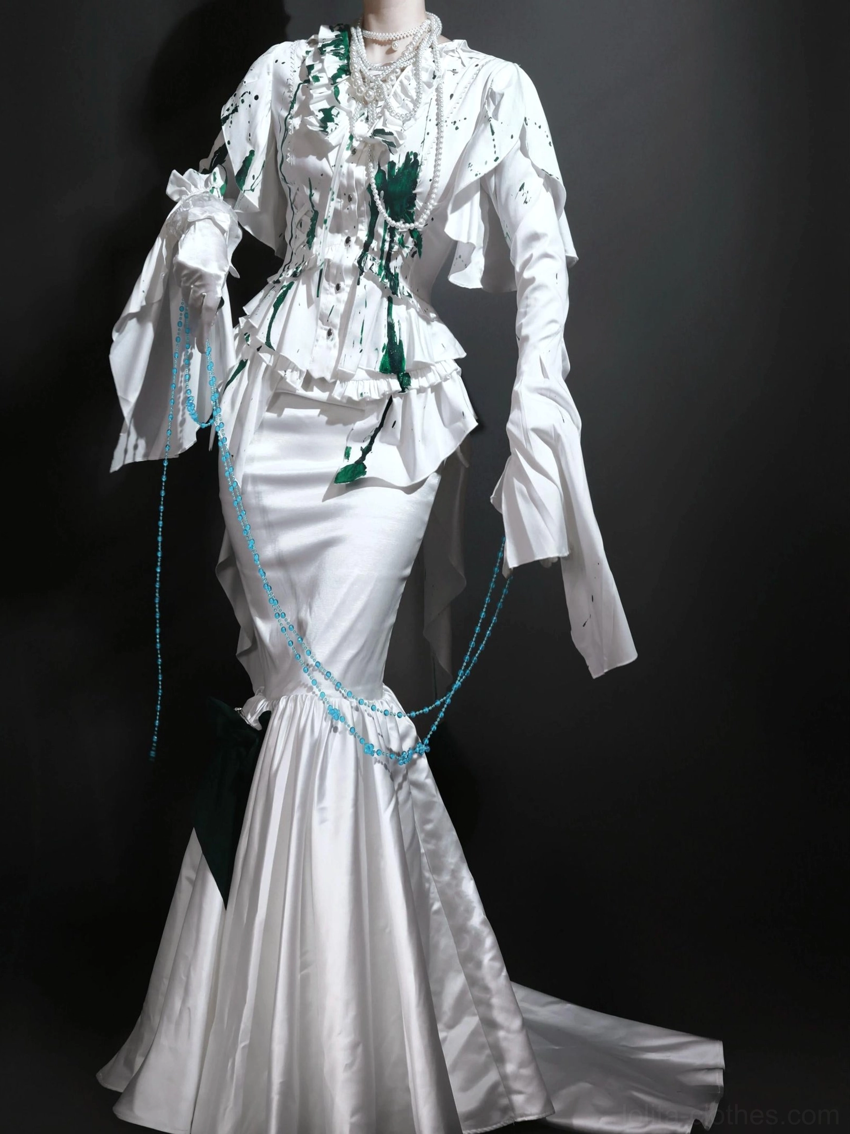 Care and maintenance instructions for satin Ouji lolita blouse, showing proper washing hand care and storage guidelines for preserving garment quality