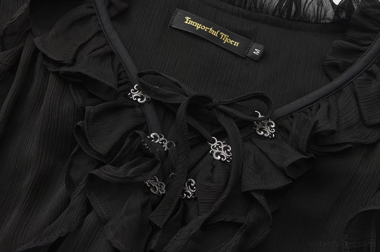 Ouji lolita blouse vintage gold button and lacing detail showing antique metal decorations and functional adjustment mechanism for personalized fit customization