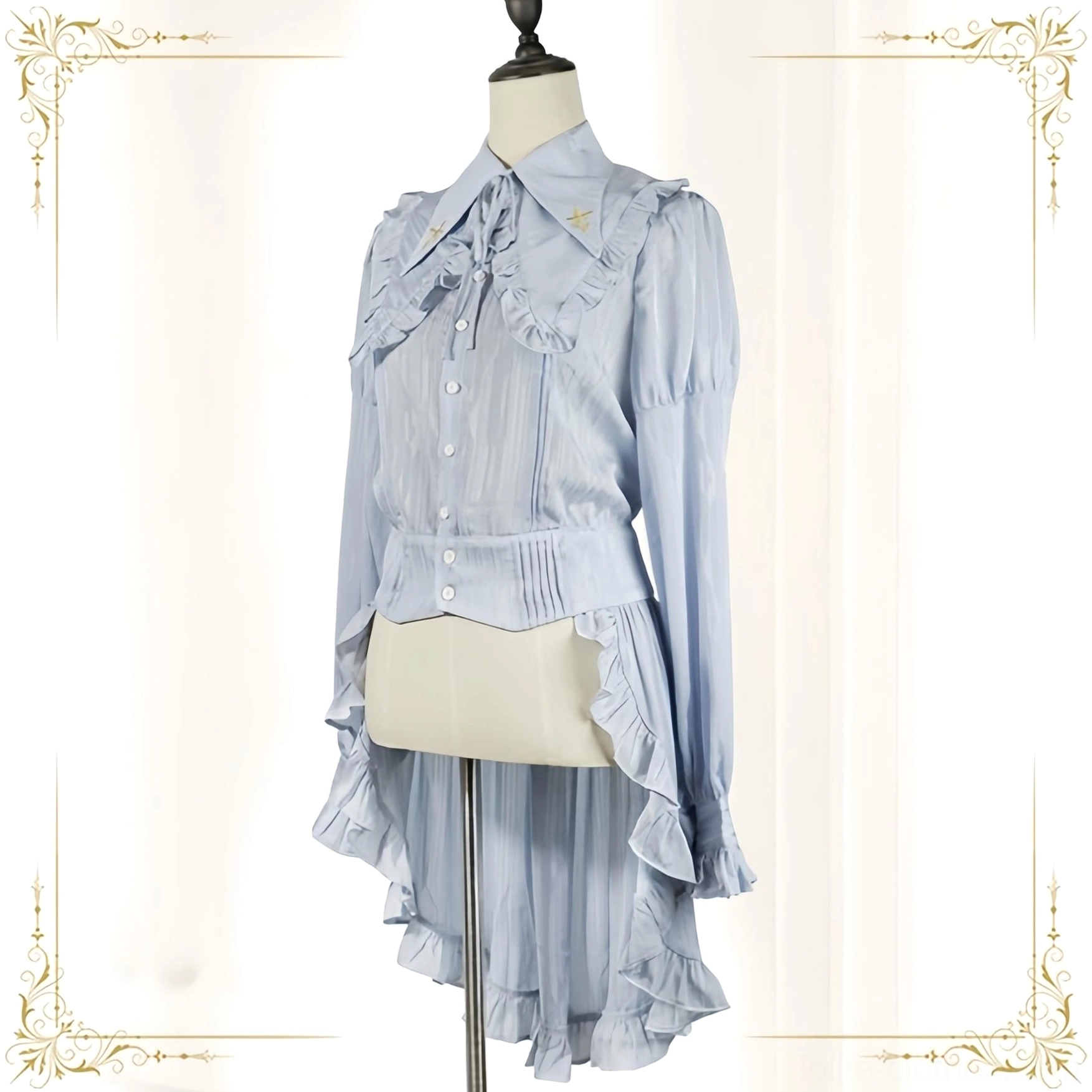 Ouji Lolita blouse grey-blue color with dramatic back tail hem asymmetrical design embroidered collar bishop sleeves ruffled trims elegant prince aesthetic formal