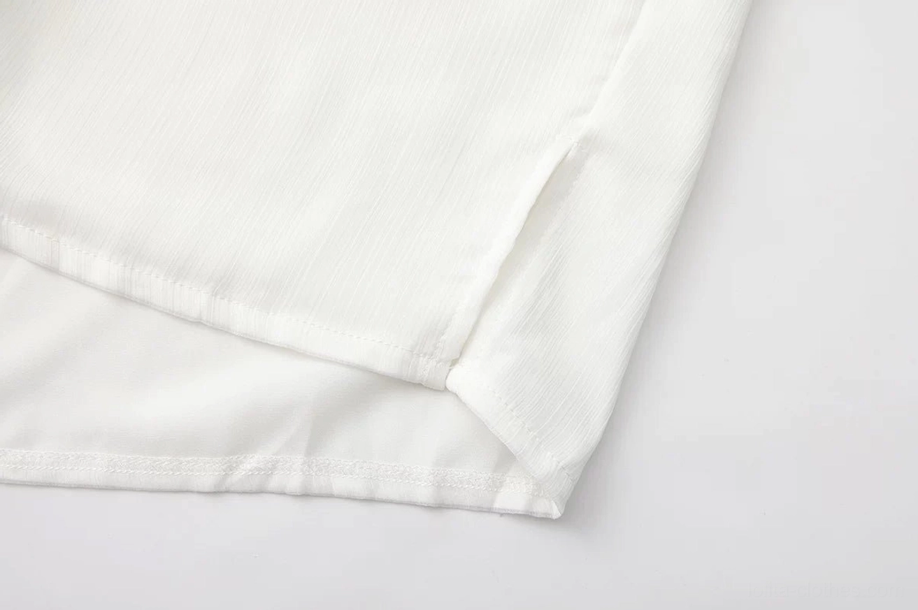 White pirate prince ouji lolita blouse sleeve detail showing sheer lantern sleeve construction with ruffled cuff and adjustable drawstring, flat lay sleeve close-up