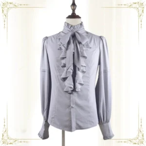 Vintage Ouji Lolita blouse light grey color flat lay front view showing ruffled jabot collar and voluminous puff sleeves with decorative buttons