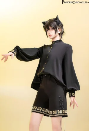 Full body model wearing black Ouji Lolita blouse and matching shorts with cat ear headpiece vintage styling