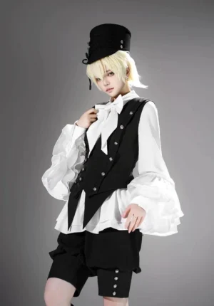 Vintage Ouji Lolita blouse and shorts set front three-quarter view model wearing black and white aristocratic gentleman outfit with ruffled sleeves in minimalist studio