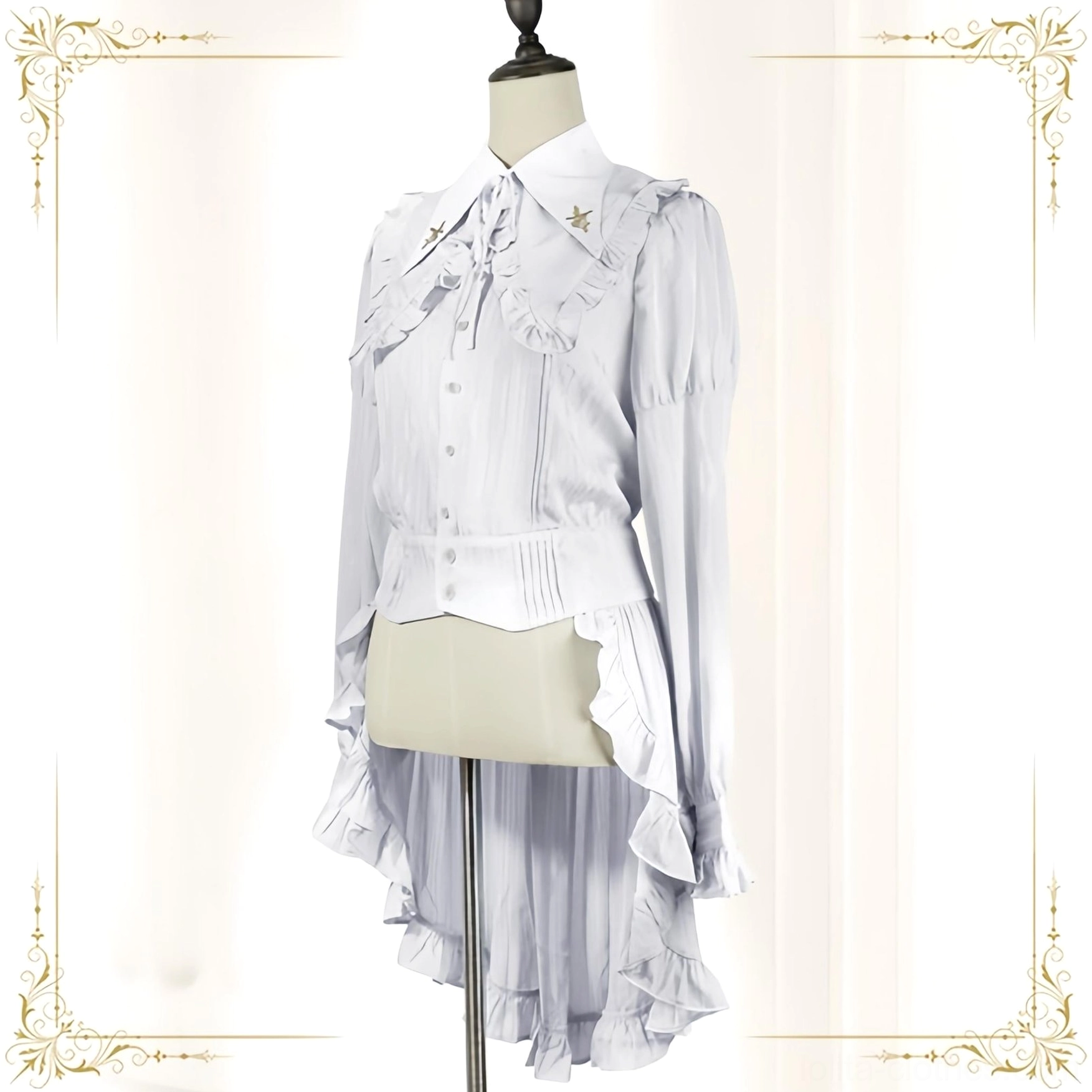 White ouji Lolita blouse back tail long hem asymmetrical design star embroidery collar bishop sleeves ruffled trim luxury presentation elegant prince shirt