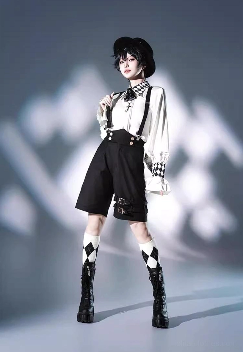 Ouji lolita checkered blouse front detail pin tucks lace trim collar cuff close-up