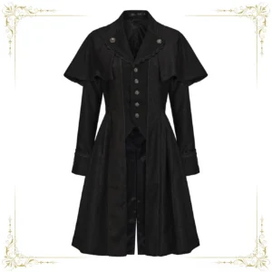 Flat lay display of black ouji lolita long coat with detachable shoulder capes, front button closure, vintage bronze metal buttons, and tailored waist silhouette on white background with ornate golden border