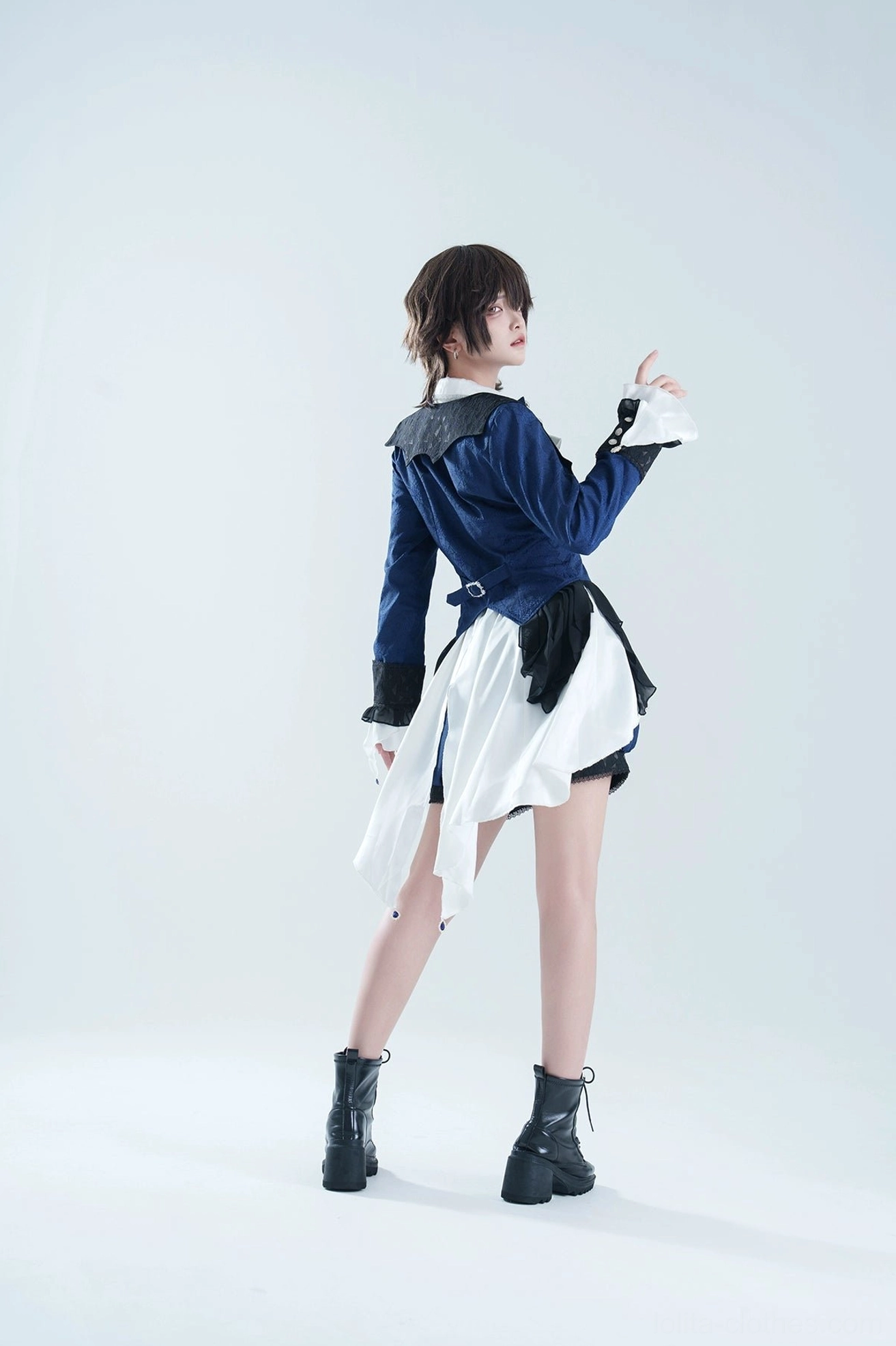 Ouji lolita coat set back standing view full length bloomer shorts asymmetrical white hem train detail