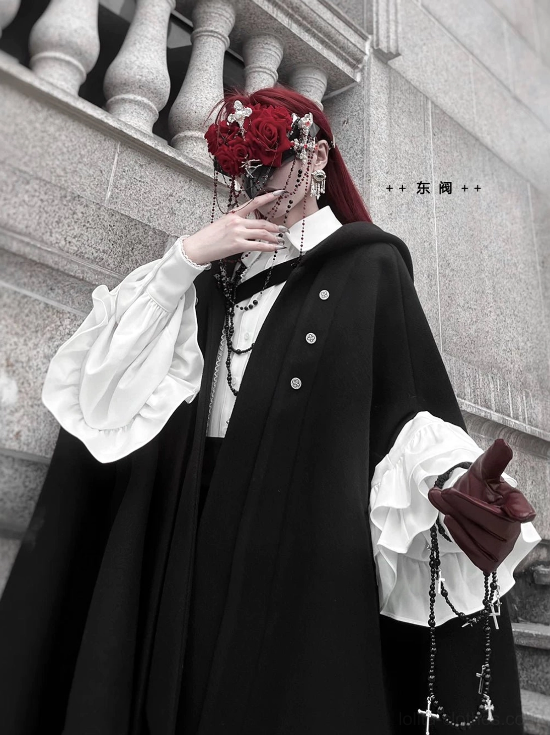Ouji lolita outfit back view showing cape silhouette from behind high-waisted pants line elegant proportions