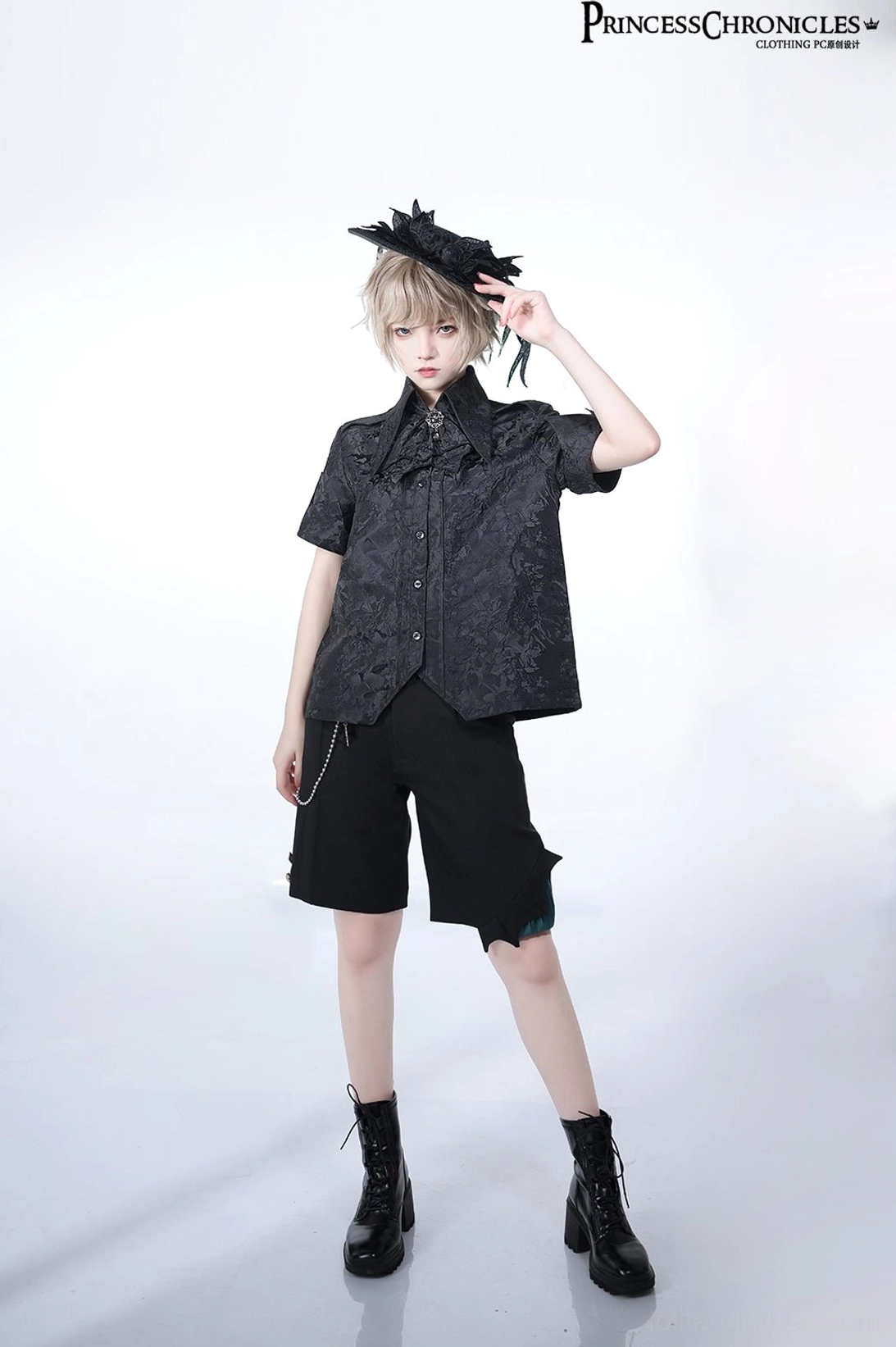 Full Ouji Lolita fashion coordinate with black hat jacquard shirt shorts boots complete gentleman fashion full body front view