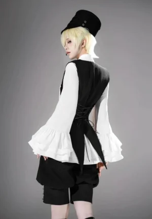 Complete Ouji Lolita gentleman coordinate back three-quarter view showing corset-style lace-up waistcoat back with button-detailed shorts