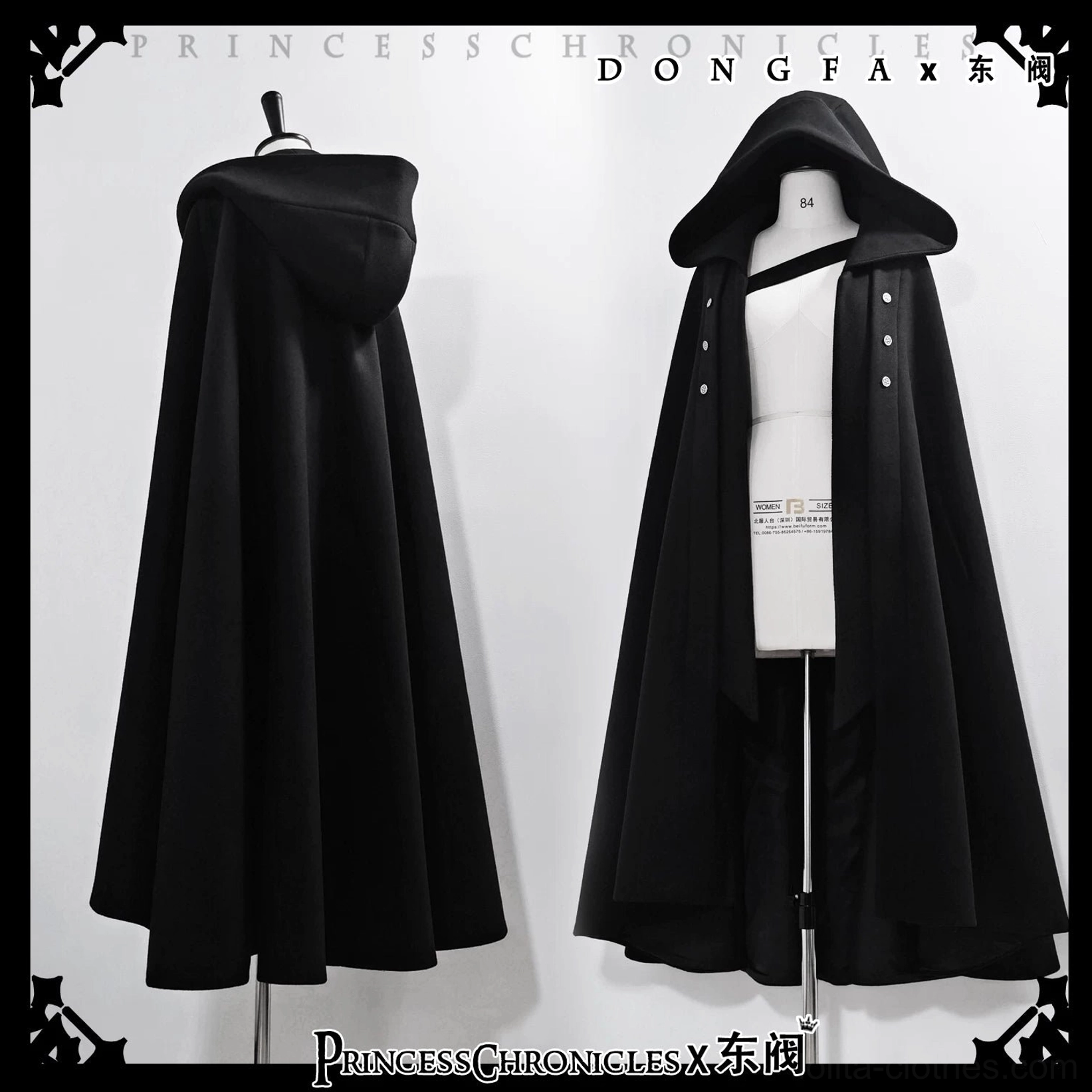 Ouji lolita three-piece set product photography showing all components cape blouse pants gothic black white aesthetic