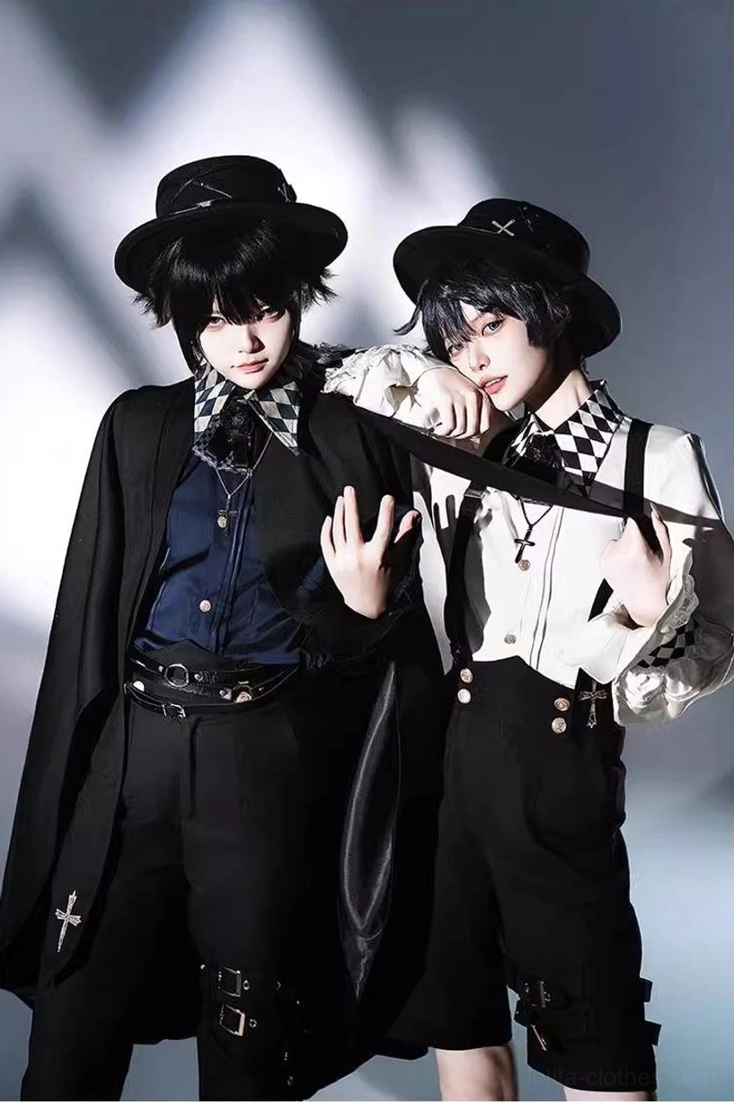 Close-up ouji lolita coordinate waist-up three-quarter perspective checkered bow ties leather belts cross pendant accessories