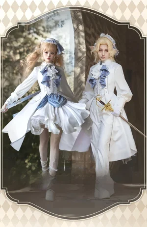 Ouji Lolita couple matching outfits framed vintage poster full-body view white ash blue skeletal embroidered ensemble