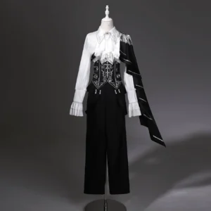 Ouji lolita pants set with detachable jabot and shawl, front studio view on dress form showing black and white color scheme, embroidered corset waist, silver thread embroidery details, ruffled white blouse, and structured black trousers