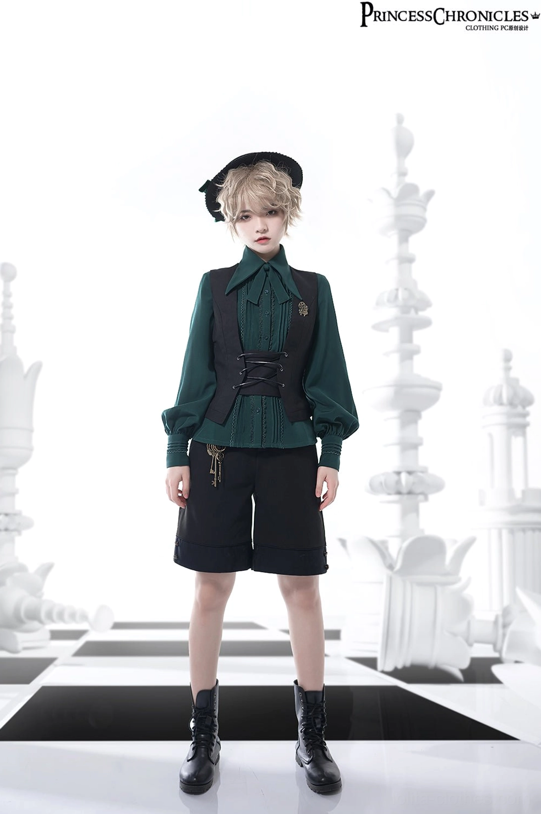 Ouji Lolita formal prince outfit with forest green blouse black corset vest tailored shorts and lace-up boots