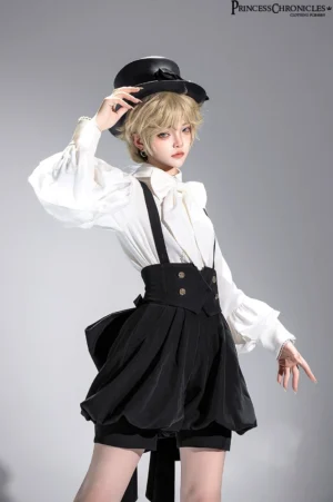 Complete Ouji lolita gentleman outfit coordination featuring black top hat with velvet bow, white ruffled blouse with bishop sleeves, high-waisted suspender shorts, platform boots, and lolita hair accessories