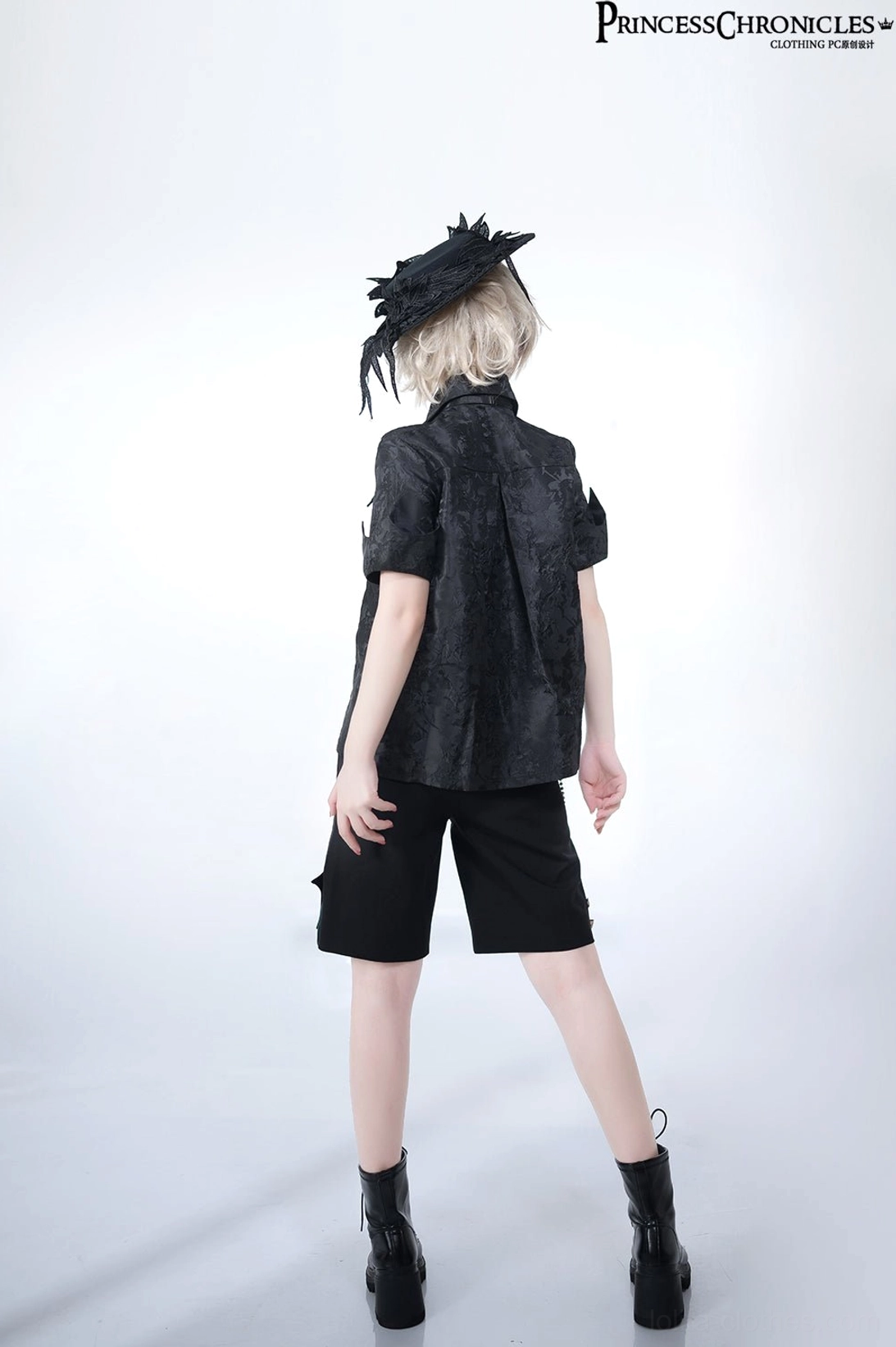 Ouji Lolita black hat with matching gothic coordinate full body rear view showing jacket fit tailored shorts gentleman fashion back