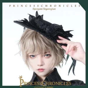 Ouji Lolita black hat three-quarter view showing lace flower embellishments tassel details gothic headdress side profile gentleman style