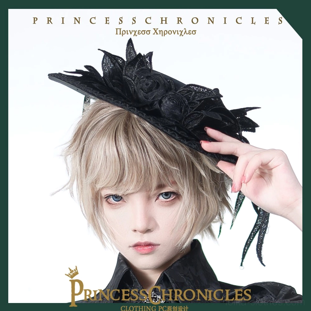 Ouji Lolita black hat three-quarter view showing lace flower embellishments tassel details gothic headdress side profile gentleman style