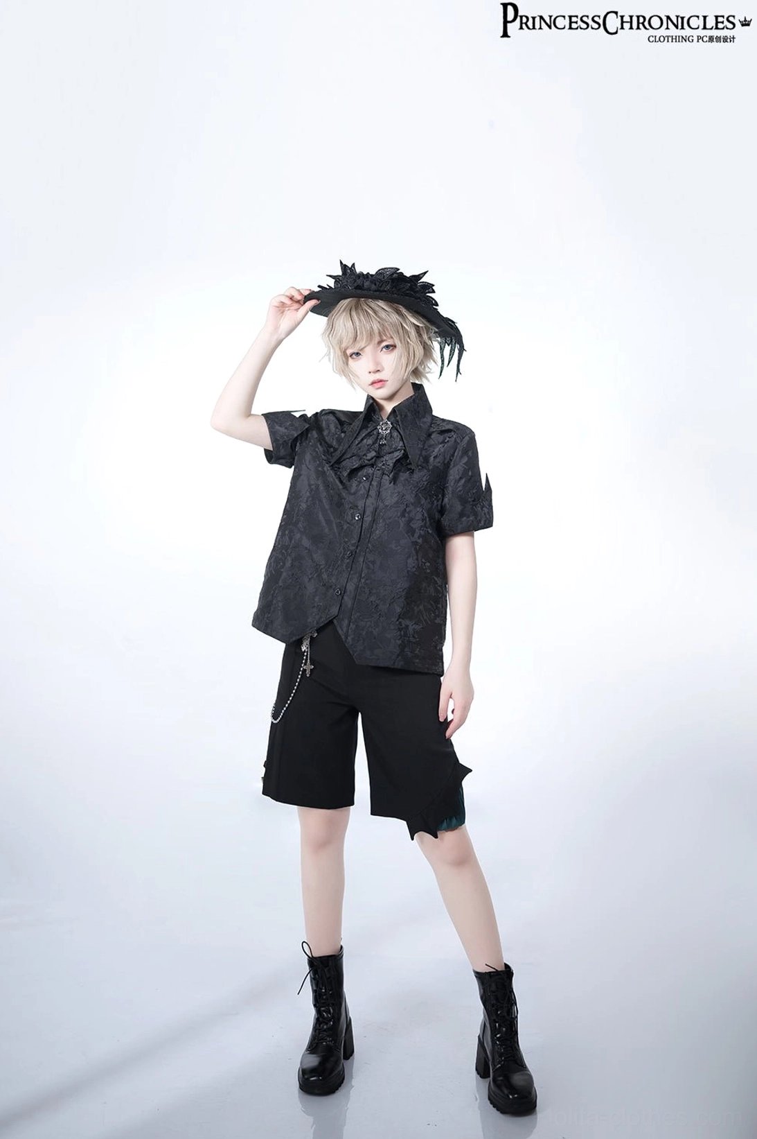 Ouji Lolita hat and matching gothic ensemble full body front center pose model holding hat bow tie collar jacquard shirt