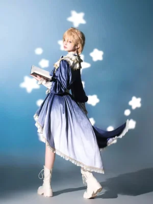 Ouji lolita suit side rear view showcasing asymmetrical high-low coat tail on male model holding book with celestial blue background
