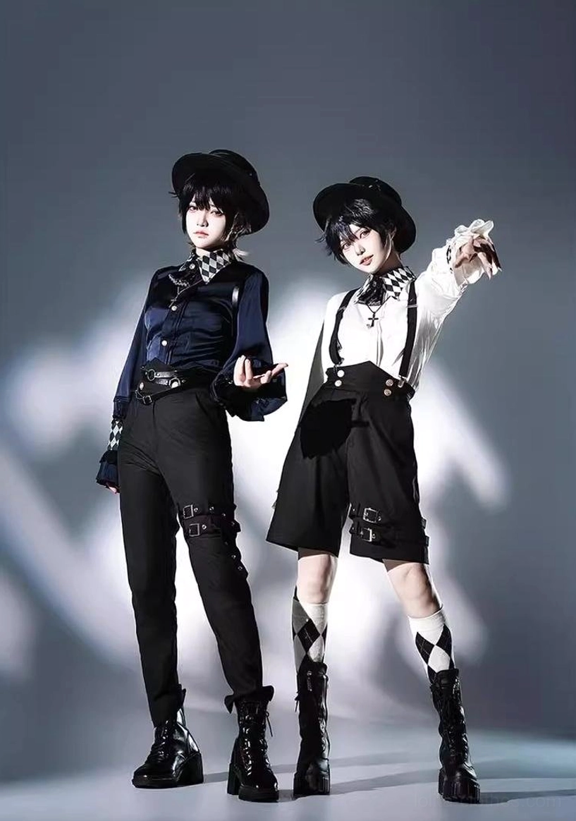 Individual ouji lolita styling looks three-quarter perspective navy formal blouse black trousers white suspender shorts