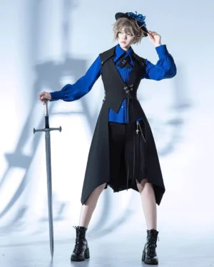 Ouji lolita long black asymmetrical vest front full-body shot androgynous model blue flower top hat rapier gothic gentleman alternative fashion