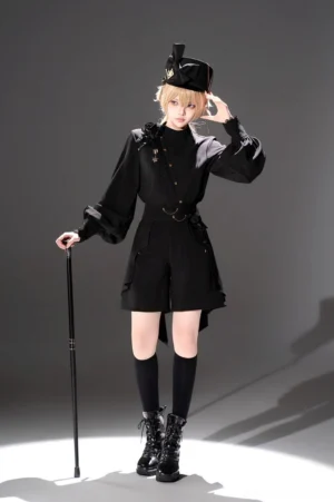 Black Ouji Lolita two-piece military uniform outfit full body front view with blonde model holding walking cane wearing knee-high socks and combat boots