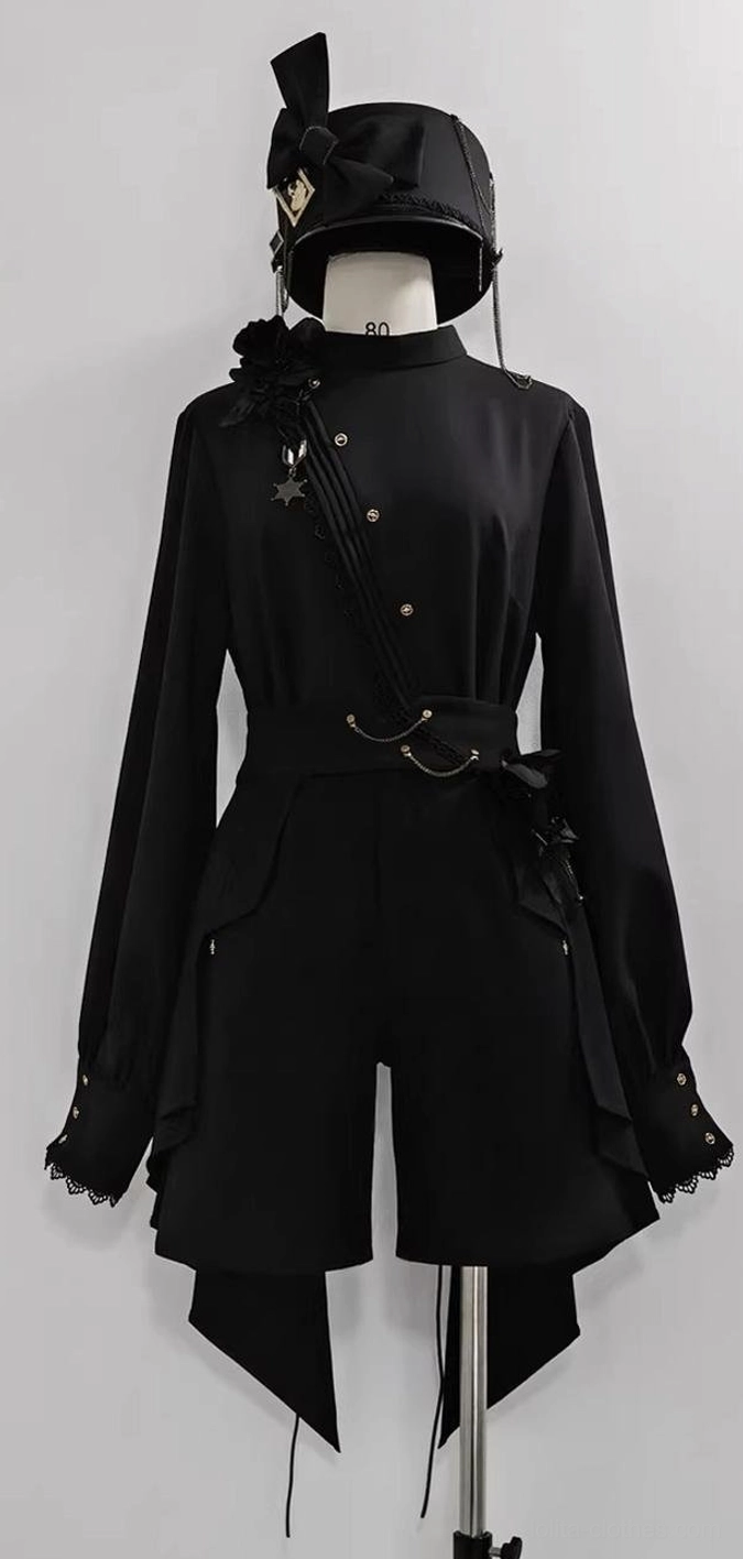 Ouji Lolita black military uniform set overall styling flat lay showing shirt shorts corset waistband chains brooch accessories complete collection