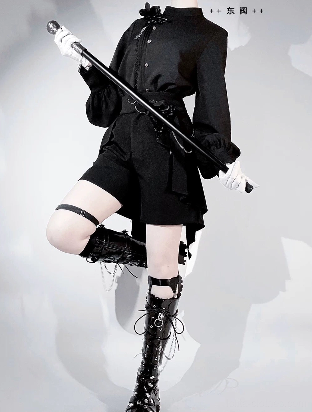 Ouji Lolita set detail shots low-angle partial body view thigh strap lace-up combat boots white gloves walking cane structured stand collar shirt