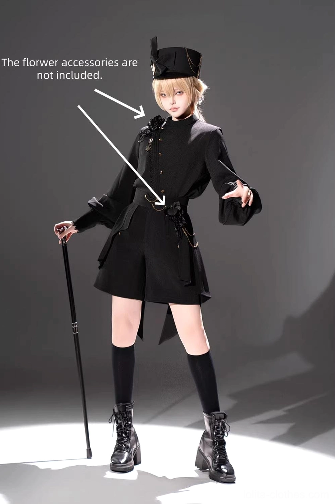 Ouji Lolita military suit full body front view with annotation showing waist and shoulder decoration positions and floral accessory exclusion note
