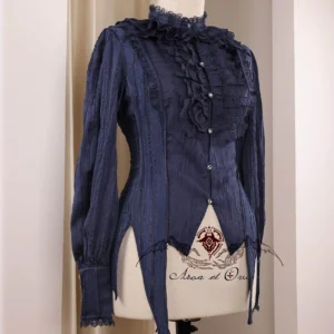 Navy blue Ouji lolita long-sleeve ruffled blouse with stand collar, ruffled neckline and lace placket, shown on dress mannequin front view