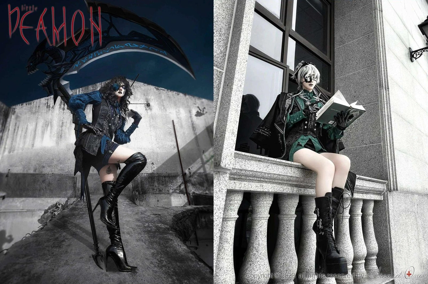 Outdoor gothic lolita styling with two models wearing Ouji ensemble with tall leather boots, steampunk aesthetic and vintage props like scythe